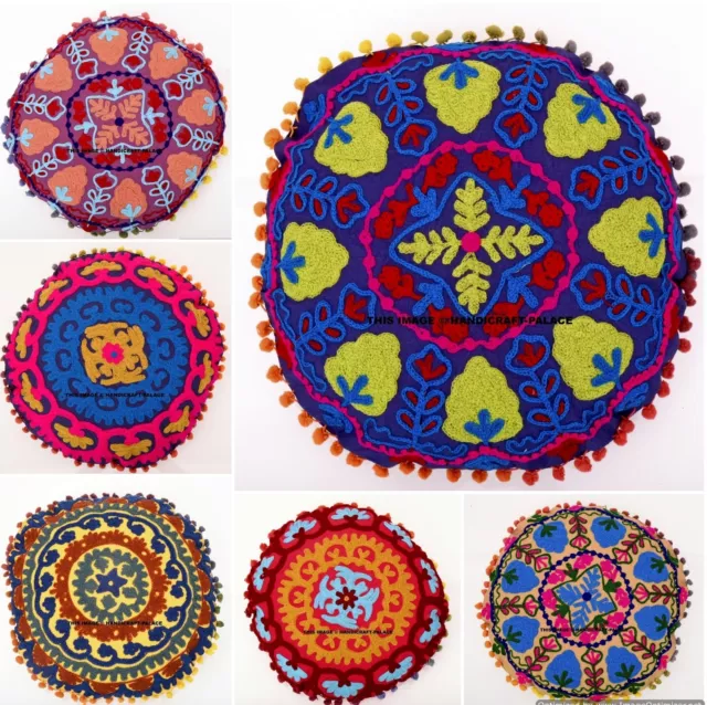 INDIAN SUZANI EMBROIDERED ROUND PILLOW CUSHION COVER Colorful Decorative Throw