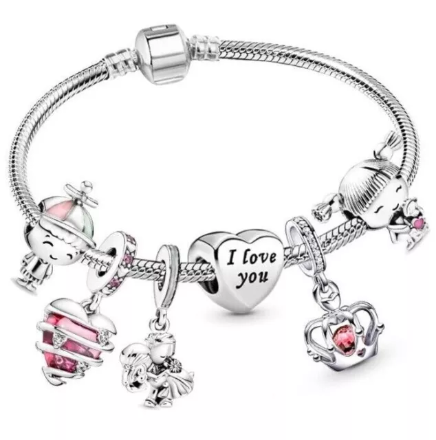 Bracciale Simil Moments + 6 Charms Diamanti Cuore Rosa Corona Sterling Unisex