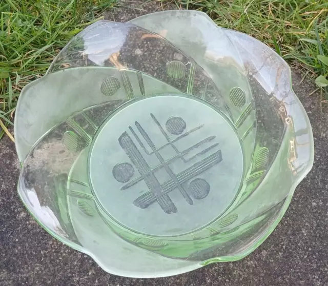 Art Deco Frosted & Clear Pressed Green Glass Geometric Fruit or Serving Bowl