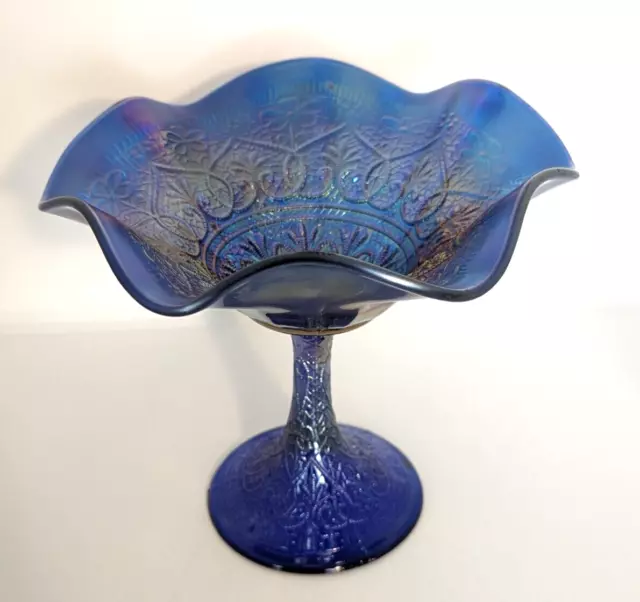 Stunning Northwood Hearts and Flowers Electric Blue Carnival Glass Compote