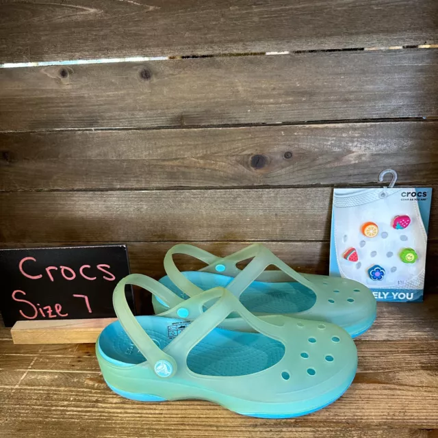 Womens Crocs Carlie Mary Jane Blue Casual Comfort Clogs Flats W/ Jibbitz Size 7