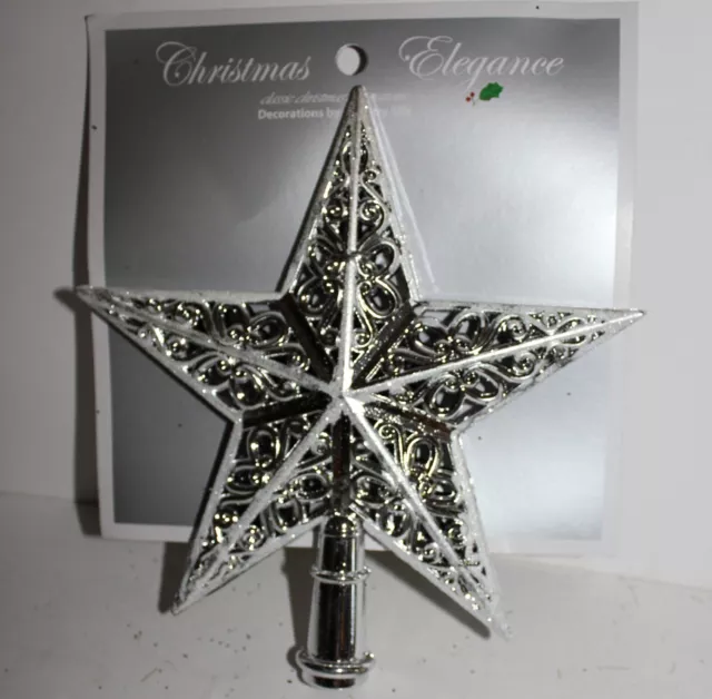 8.3" Star Tree Topper Glitter Christmas Decor Black Silver White w Silver Trim