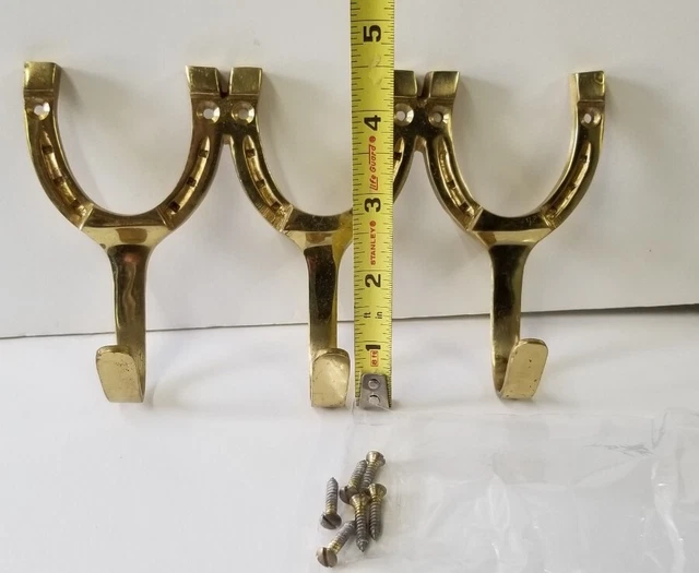 Vintage Solid Brass Horses Horseshoe Wall Hanger 3 Hooks with mounting screws 5