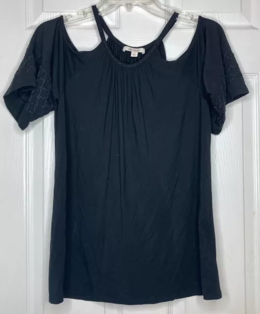 Woman ELLA MOSS black Cold Shoulder S/s Embroidered Shirt Top Sz XS EUC