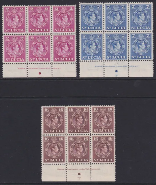 St. Lucia 1949 King George VI decimal definitives, three values in blocks