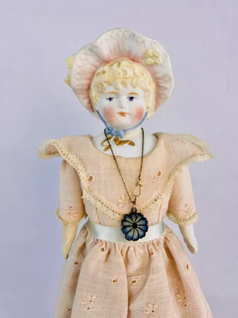 12” Antique Hertwig Bisque Parian Bonnet China Head Doll