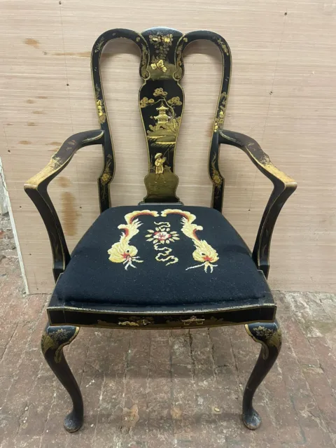 19th Century Antique Black Lacquered Gilt Chinoiserie Carver Dining Chair