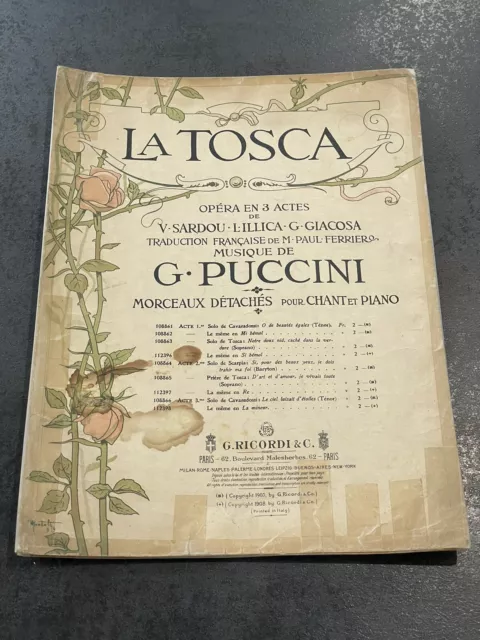 Livre Feuillet Partition Musique ancien La Tosca G Puccini Opéra 3 Actes Chant