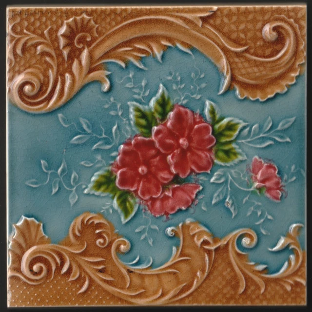 Antique 19th Century Ceramic Embossed Majolica Floral Tile Pilkington c. 1894
