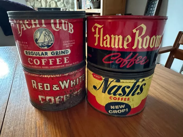 Lot of 4 Vintage 1 Pound Metal Coffee Tins Flame Room Yacht Club Nash Red &White