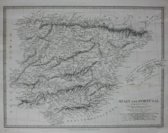 SPAIN & PORTUGAL, BALEARIC ISLANDS original antique map, SDUK, 1844