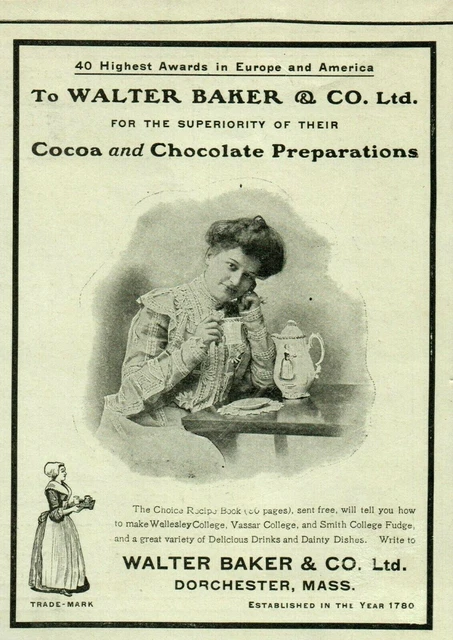 Original Walter Baker Cocoa Antique Teapot Hot Chocolate Pastry PAPER AD 3236