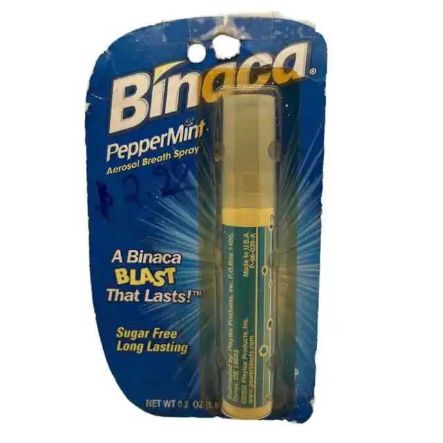 Refrescante respiratorio Binaca menta aerosol sin azúcar 0,2 oz embalaje vintage