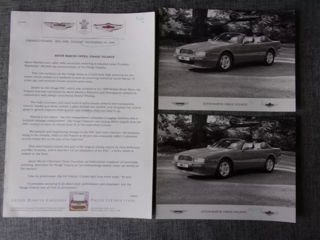 ASTON MARTIN VIRAGE VOLANTE orig 1990 UK Mkt Press Release with 2 Photos