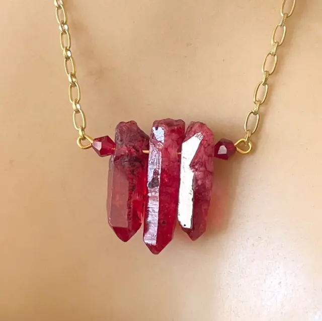 Red Crimson Necklace Rock Crystal Quartz 3 Point Pendant Gemstone Jewelry