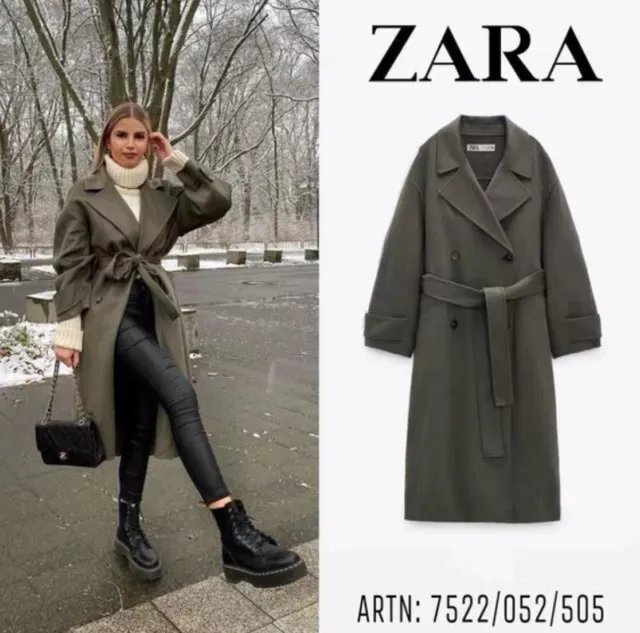 Rare Zara Khaki Olive Wool Blend Double Breasted Belted Coat Jacket Small S New