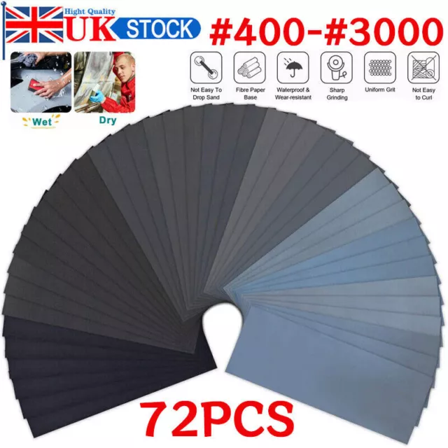 72Pcs Assorted Sanding Wet and Dry Waterproof Sandpaper Mixed Sander Paper UK