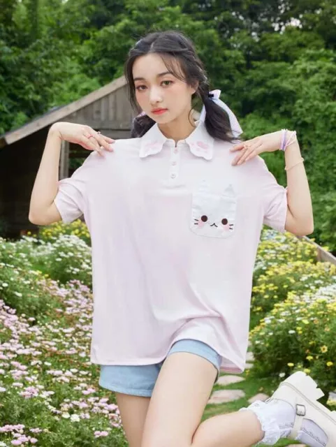 Romwe kawaii embroidery pawprint collar & cat pocket polo tee S pink nwt 2