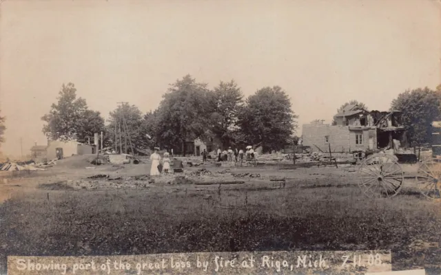 RPPC Riga MI Michigan 1908 Fire Disaster Lenawee County Photo Vtg Postcard C52