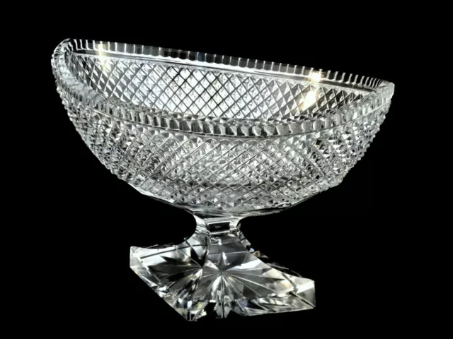 Large Cut Glass Crystal Footed Pedestal Oval Boat Bowl Vintage 3