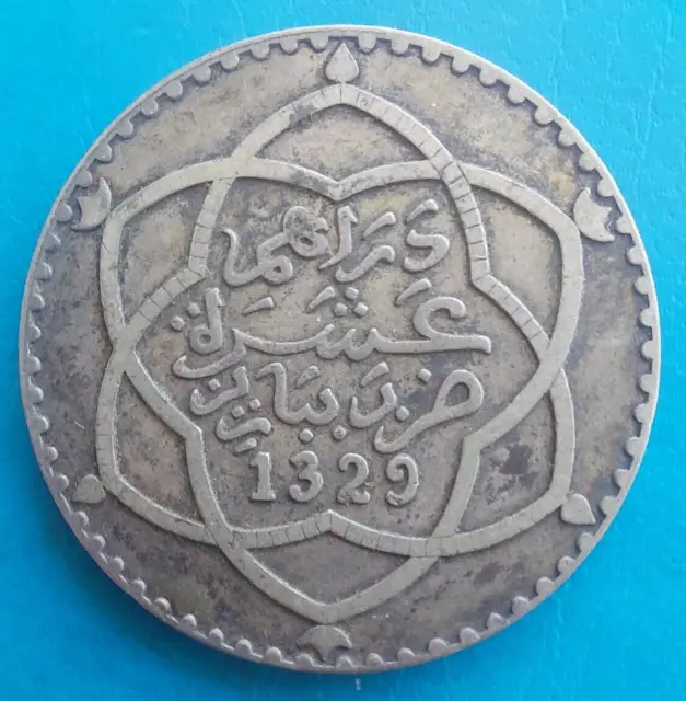 Maroc Morocco 10 dirhams 1 rial argent 1911 ah 1329 Paris Y#25 Lec.196