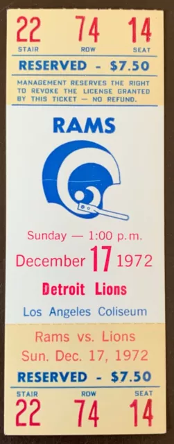 Los Angeles Rams 12/17/1972 ORIGINAL NFL ticket vs Detroit Lions