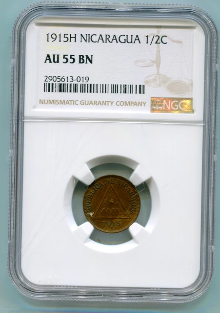 Nicaragua 1/2 Centavo 1915-H NGC AU 55 BN very scarce date  lotnov8062