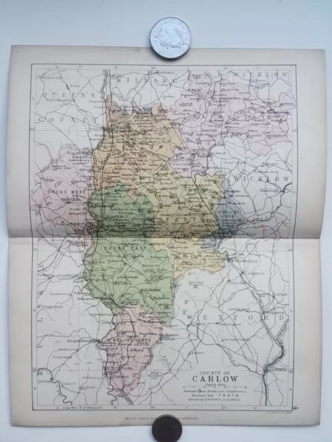 Antique County Map of CARLOW , Ireland - Phillips Handy Atlas , 1882