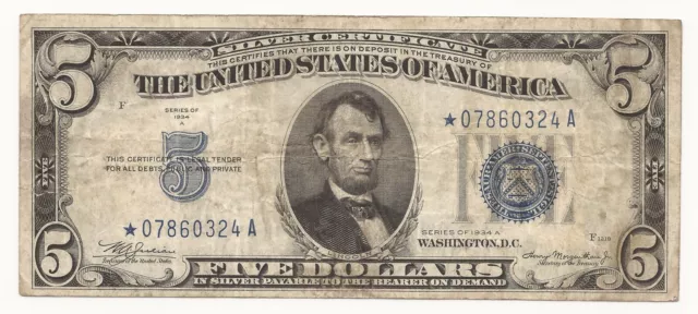 1934-A $5 Dollar Bill Silver Certificate STAR Note 324A-DHM