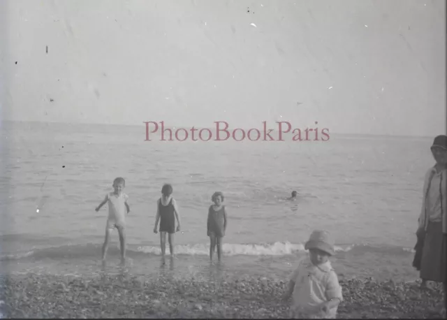 Mer Baignade Enfants c1935 Photo NEGATIVE Plaque verre Stereo Vintage V33L24nM