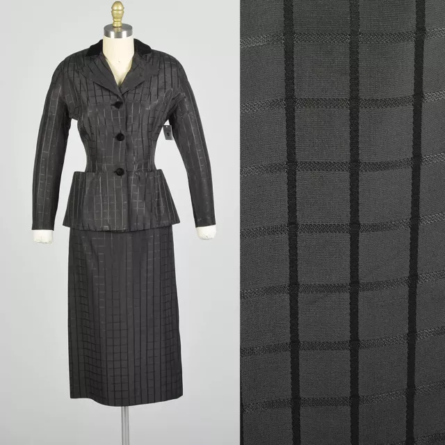 Small 1950s Black Taffeta Bombshell Suit Hourglass Skirt Jacket Set VTG