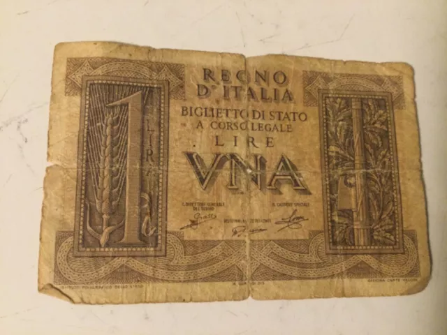 Kingdom of Italy  1  Lire  1939 Series WW II Issue  Circulated Banknote