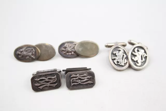 Sterling Silver Paired Cufflinks Engraved Lion x 3 (41g)