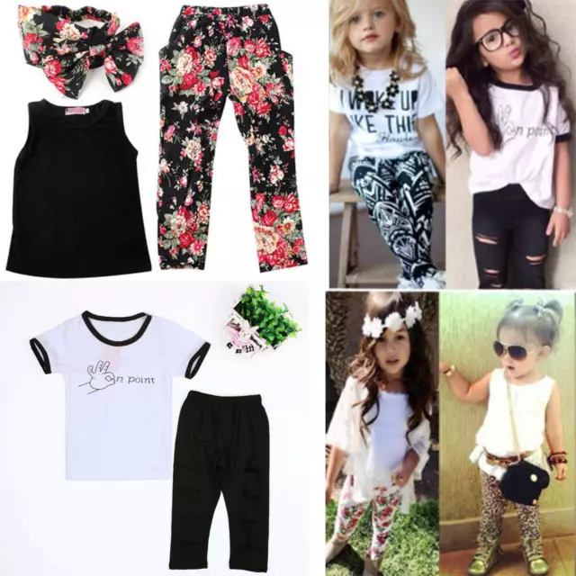 Floral Baby Kids Girls Summer Outfits T-shirts Tank Top Vest Pants Clothes Sets