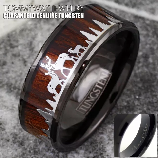 PERSONALIZED BLACK TUNGSTEN Men's Ring Deer Family Forest Wood Wedding ...