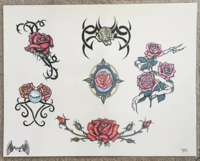 Tattoo Flash Single Sheet Print Flowers Roses Tribal Band Angel 11 "X 14"