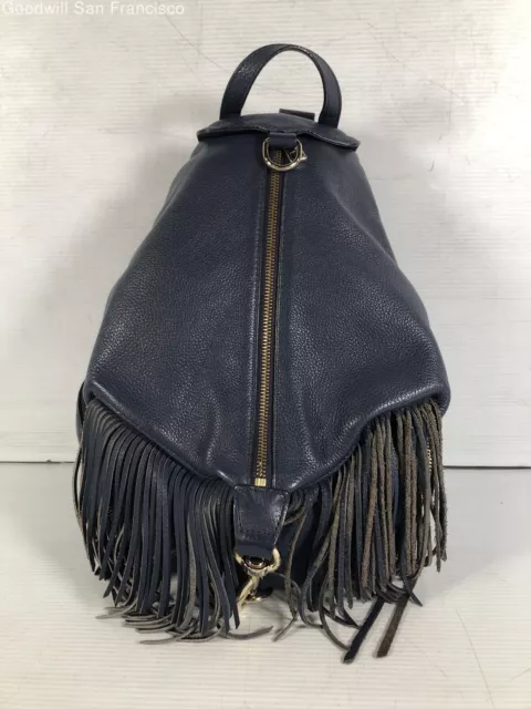 Rebecca Minkoff Womens Blue Leather Fringes Zip Pocket Adjustable Strap Backpack