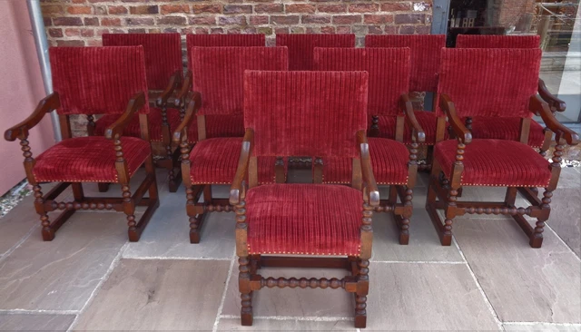 A Set Of 10 Bylaw Oak Dining Chairs / Antique Style