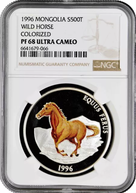 Mongolia 500 togrog 1996, NGC PF68 UC, "Wild horse /Equus Ferus/" silver coin