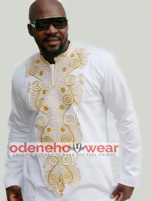 Odeneho Wear Men's White Polished Cotton Top/Gold Embroidery. African Clothing