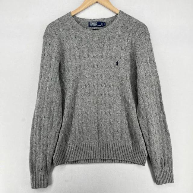 POLO RALPH LAUREN Sweater Mens M Silk Cable Knit Crewneck Long Sleeve Gray HK