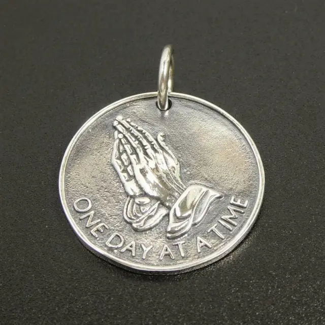 Solid Sterling Silver Praying Hand Prayer Verse Double Sided Large Coin Pendant