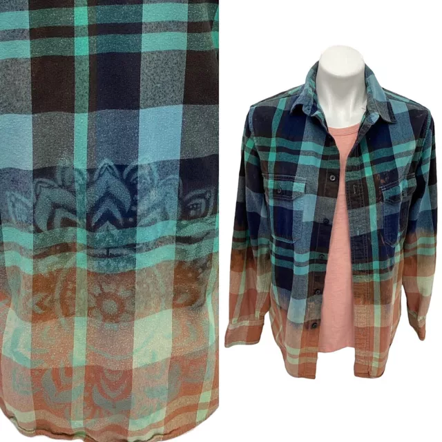 Mossimo Womens Plaid Button Up Medium Upcycled Bleach Ombre Stencil Long Sleeve