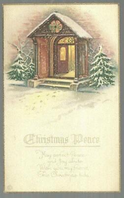 Christmas Peace Snowy Church Doorway May Joy Abide Vintage Unused Postcard