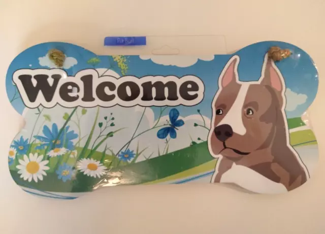 Pitbull Welcome Cute Hanging Dog Sign 10"x5" Great Gift Wood Plaque, New Sealed