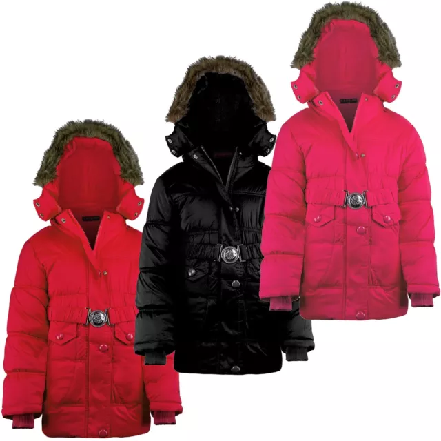 Girls Detach Hood Quilted Winter Jacket Padded Belted Fleece Lining 3-14 Years