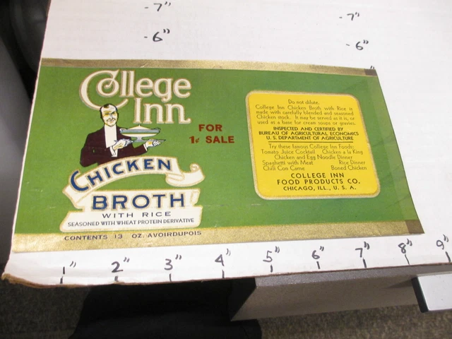COLLEGE INN chicken broth soup with rice 1930s metal tin can food paper label