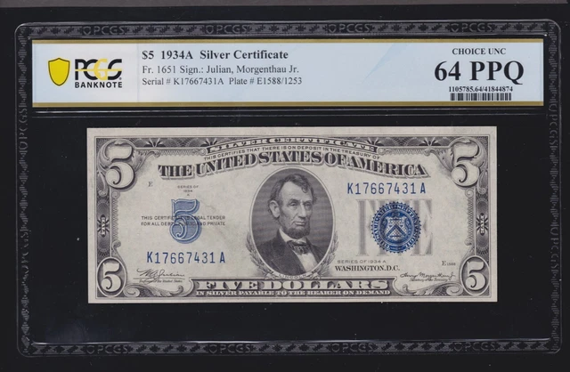 US 1934A $5 Silver Certificate FR 1651 PCGS 64 PPQ V Ch CU (431)