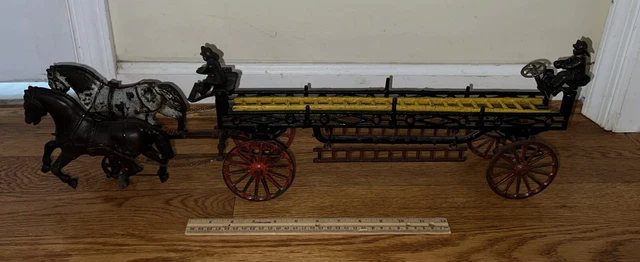 Ives Phoenix Antique 19th C Cast Iron Horse Drawn Fire Ladder Wagon Toy Rare 27"