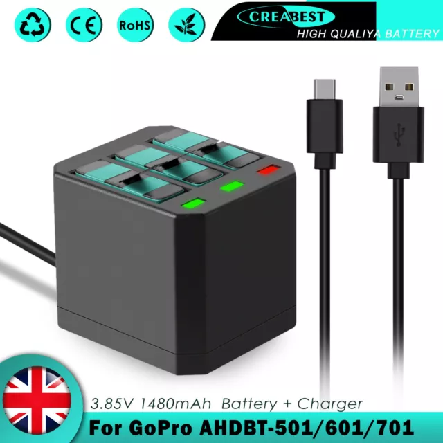 3x 1480mAh AHDBT-501 601 701 Battery & Charger For GoPro HERO 8 7 Hero 6 5 Black